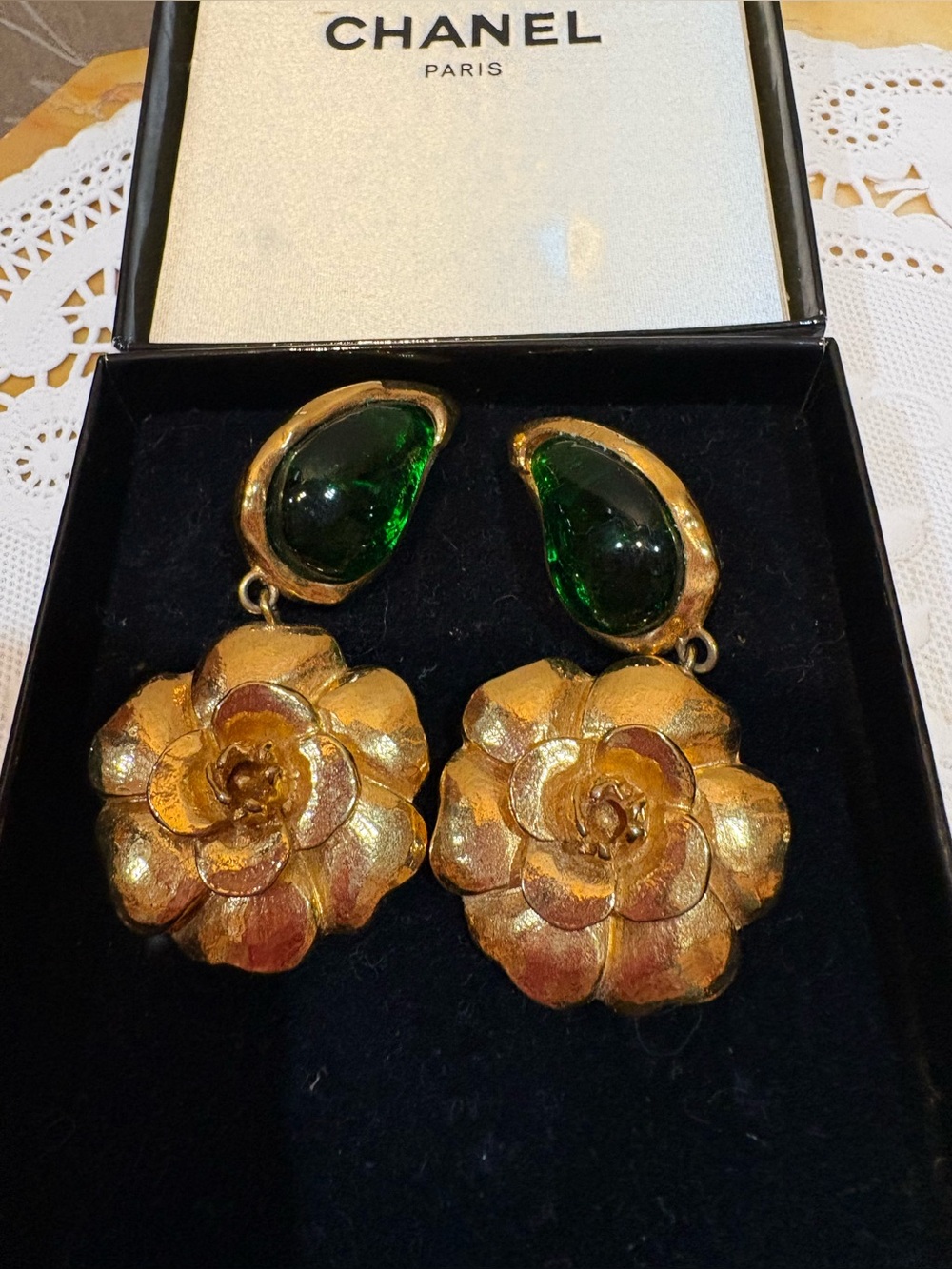 CHANEL Gold Floral Drop Clip On Earrings with Emerald Green Cabochons